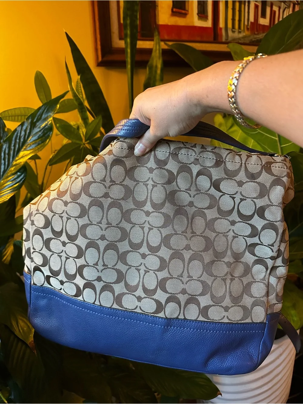 Authentic Coach Signature Canvas Hobo Bag in Brown with Blue Trim